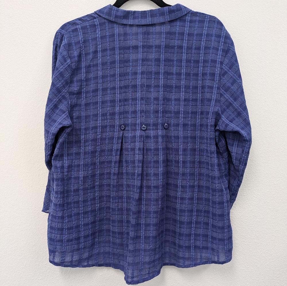 Habitat Clothes To Live In Indigo Checkered Flowy Sheer Blouse sz L Indie